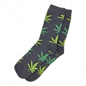 Long Socks Black with Green Leaves 40-45