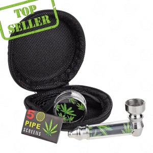 Zestaw lufka metalowa + młynek Ganja | Czarne etui